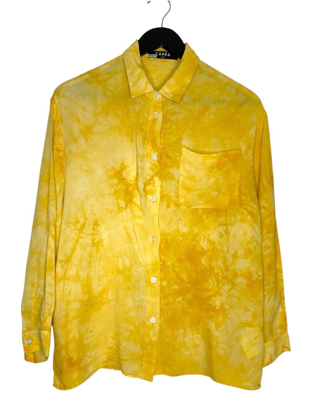 CAARA Yellow Tie Dye Button Down Shirt Long Sleeve Pocket Blouse Small Boho